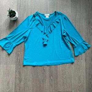 Tradition Blue V Neck Blouse with Bracelet Length Sleeves